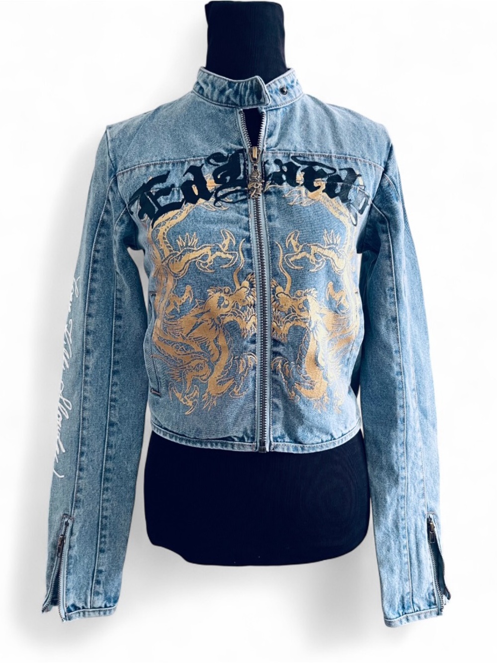 BNWT Ed Hardy Denim Dragon Graphic Zip Jean Jacket